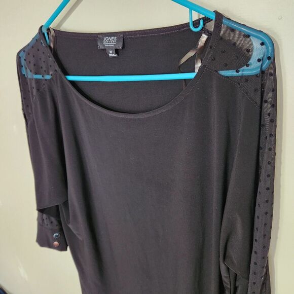 Jones New York Blouse Size Medium Black Color Mesh Sleeves Stretch - Picture 2 of 12